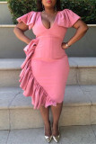 Pink Fashion Casual Solid Asymmetrical V Neck Short Sleeve Dress
