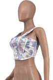 White Fashion Sexy Print Backless Spaghetti Strap Tops