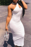 White Sexy Casual Solid Hollowed Out One Shoulder Sleeveless Dress