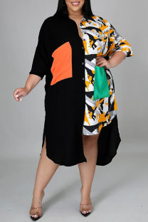 Orange Fashion Casual Plus Size Print Split Joint Turndown Collar Shirt Dress