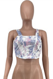 White Fashion Sexy Print Backless Spaghetti Strap Tops