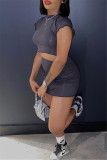 Grey Fashion Casual Solid Basic O Neck Short Sleeve Two Pieces