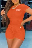 Rose Red Fashion Casual Letter Print Basic O Neck Short Sleeve Two Pieces