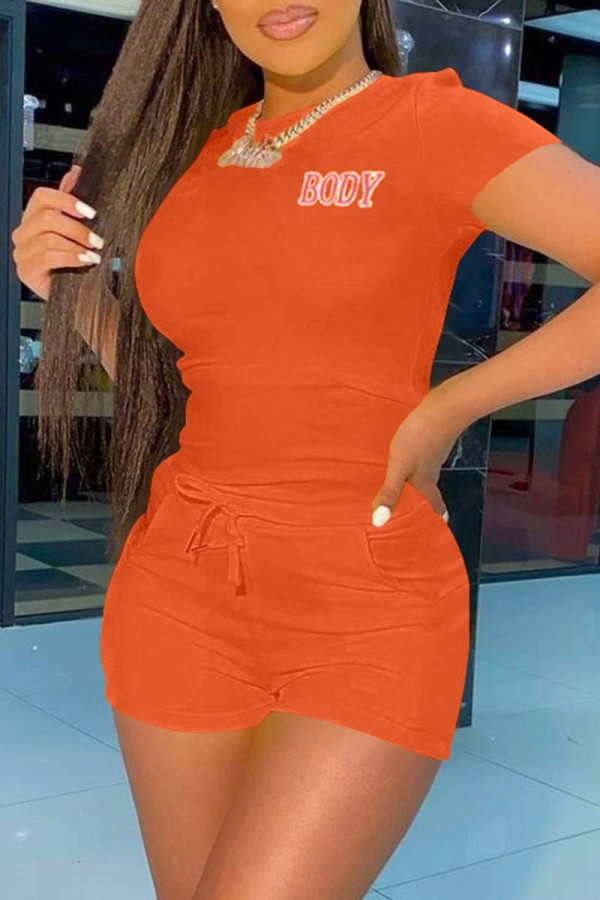 Orange Fashion Casual Letter Print Basic O Neck Short Sleeve Two Pieces