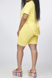 Blue Casual Solid Draw String O Neck Short Sleeve Two Pieces