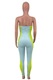 Light Blue Fashion Sexy Patchwork Backless Strapless Skinny Jumpsuits