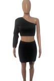 Black Fashion Sexy Solid Fold Oblique Collar Long Sleeve Two Pieces
