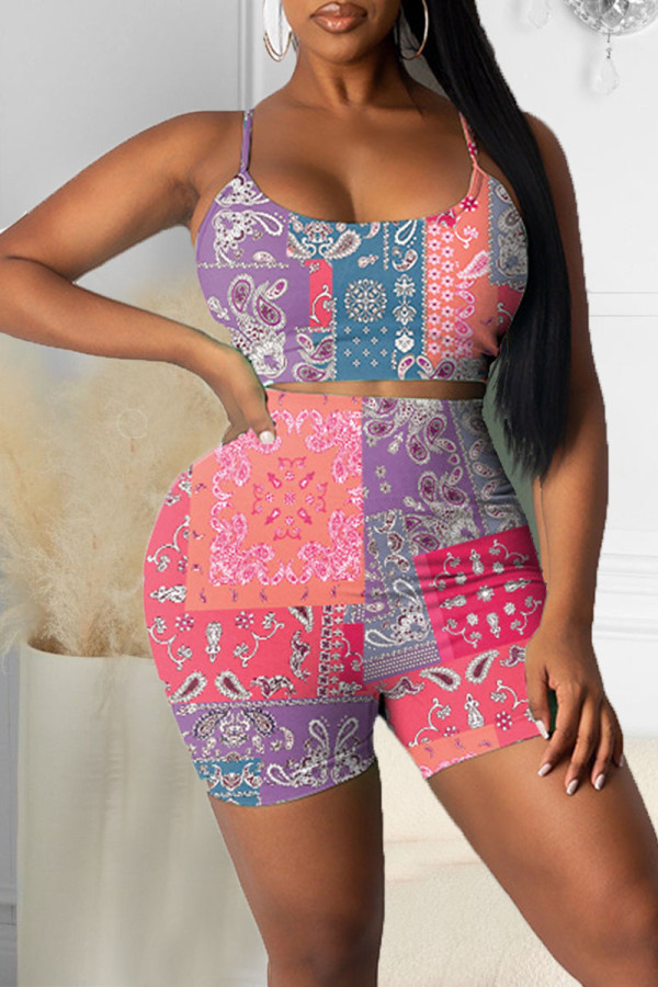 Red Casual Print Patchwork Spaghetti Strap Two Pieces