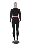 Black Sexy Solid Ripped O Neck Long Sleeve Two Pieces