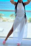 White Sexy Solid High Opening Mesh Swimwears