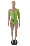 Green Sexy Print Patchwork Zipper Swimwears