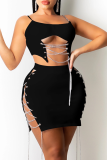 Black Sexy Solid Hollowed Out Chains Spaghetti Strap Sleeveless Two Pieces