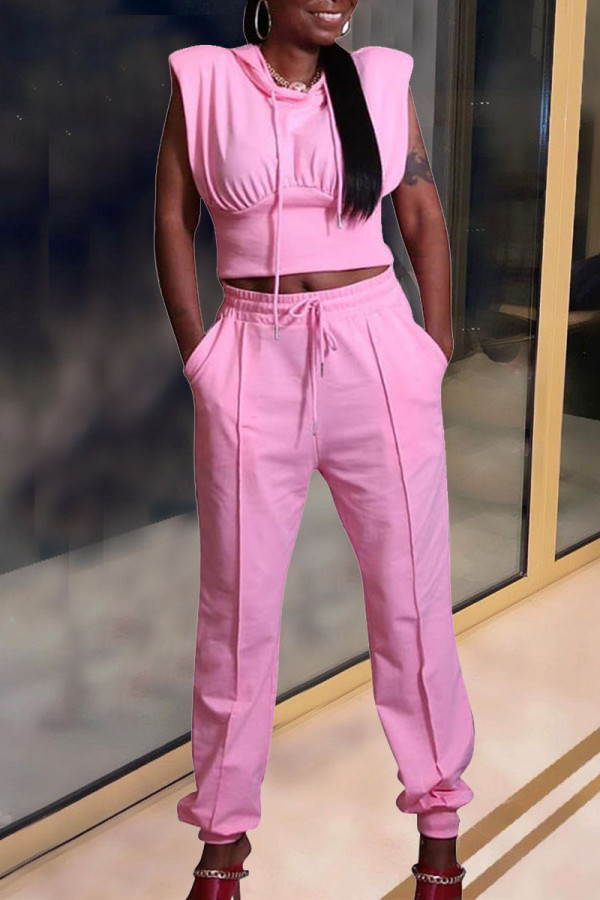 Pink Casual Solid Patchwork Hooded Collar Sleeveless Two Pieces