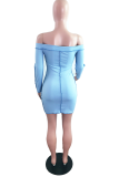 Light Blue Casual Solid Hollowed Out Off the Shoulder Pencil Skirt Dresses