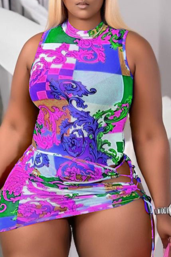 Purple Sexy Print Hollowed Out Patchwork Swimwears