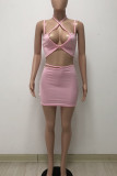 Pink Sexy Solid Hollowed Out Patchwork Frenulum Asymmetrical Collar Sleeveless Two Pieces