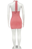 Pink Sexy Solid Patchwork Frenulum Backless V Neck Pencil Skirt Dresses