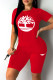 Red Fashion Casual Print Basic O Neck Short Sleeve Two Pieces
