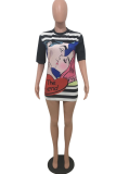 Black Casual Print Patchwork O Neck Straight Dresses