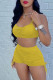 Yellow Casual Solid Draw String Fold Spaghetti Strap Two Pieces