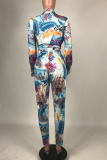 Pink Sexy Print Bandage Turndown Collar Long Sleeve Two Pieces