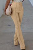 Khaki Fashion Casual Solid Basic Regular High Waist Trousers