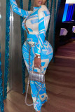 Blue Street Print Hollowed Out Patchwork Metal Accessories Decoration Turtleneck Long Sleeve Two Pieces