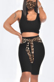 Red Casual Leopard Bandage Split Joint U Neck Sleeveless Two Pieces（with a mask)