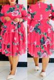 Pink Fashion Casual Plus Size Print Split Joint O Neck Long Sleeve Cake Dresses