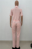 Pink Fashion Casual Solid Basic Turndown Collar Regular Jumpsuits