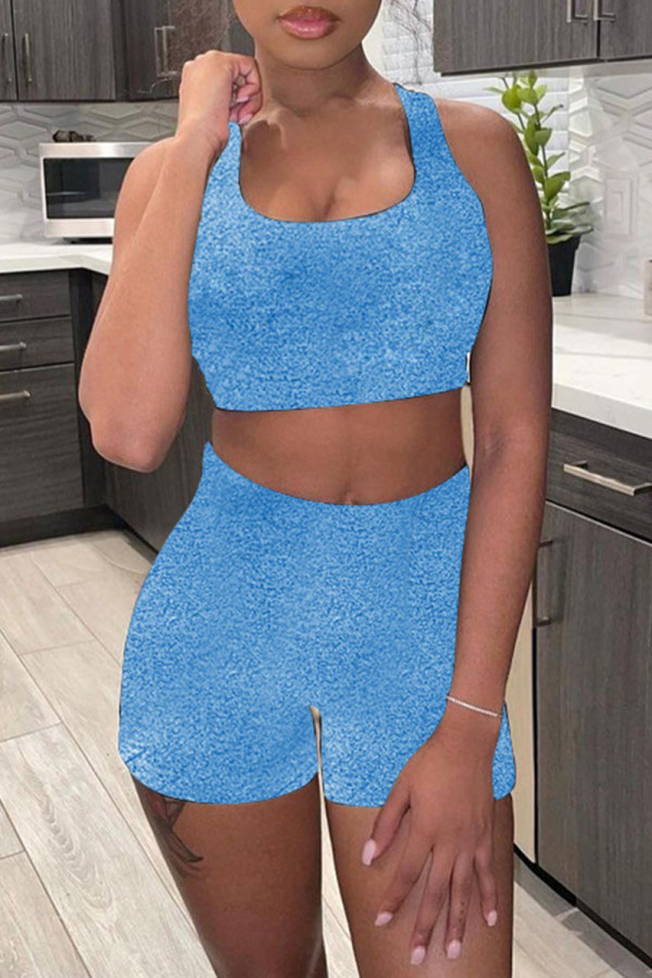 Blue Casual Sportswear Solid Vests U Neck Sleeveless Two Pieces