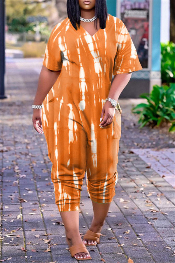Orange Fashion Casual Print Basic V Neck Regular Jumpsuits
