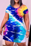 Blue Sweet Patchwork Tie-dye O Neck Pencil Skirt Dresses