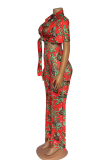 Red Sexy Print Split Joint Turndown Collar Half Sleeve Two Pieces