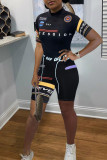Black Casual Sportswear Print Basic O Neck Short Sleeve Two Pieces