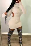 Pink Sexy Casual Solid Hollowed Out Turtleneck Long Sleeve Dresses