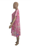 Pink Fashion Casual Plus Size Print Basic O Neck Short Sleeve Dress