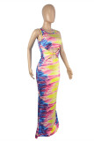 Multicolor Fashion Sexy Print Hollowed Out O Neck Vest Dress
