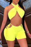 Yellow Fashion Sexy Solid Backless Strap Design Halter Sleeveless Two Pieces
