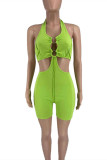 Fluorescent Green Fashion Sexy Solid Hollowed Out Backless Halter Skinny Romper