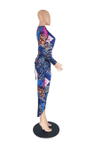 Deep Blue Sexy Print Hollowed Out V Neck Irregular Dress Dresses
