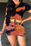 Rose Red Fashion Tie Dye Printing O Neck Short Sleeve Two Pieces