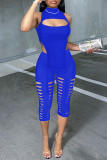 Blue Fashion Sexy Solid Hollowed Out Asymmetrical Turtleneck Sleeveless Two Pieces