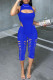 Blue Fashion Sexy Solid Hollowed Out Asymmetrical Turtleneck Sleeveless Two Pieces