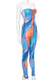 Blue Sexy Patchwork Tie-dye Strapless Skinny Jumpsuits
