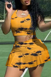 Yellow Sexy Print Patchwork Square Collar Sleeveless Two Pieces