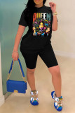 Black Fashion Casual Print Basic O Neck Short Sleeve Two Pieces