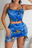 Blue Fashion Sexy Print Backless Spaghetti Strap Sleeveless Two Pieces