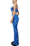 Blue Sexy Print Hollowed Out Patchwork Spaghetti Strap Boot Cut Jumpsuits