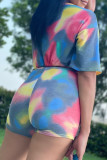 Multi-color Casual Print Patchwork Frenulum O Neck Short Sleeve Two Pieces